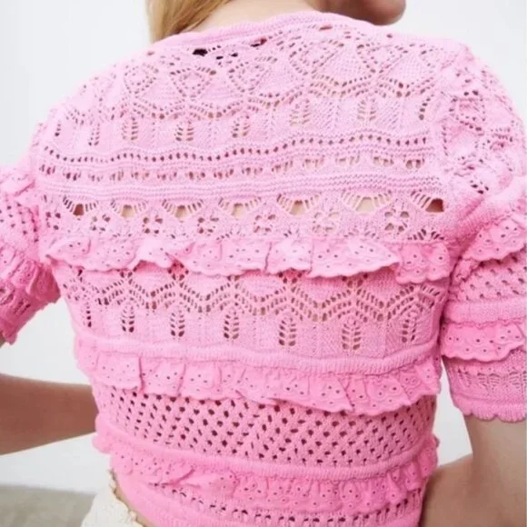 NEW ZARA Pink Cotton Knit Crochet Crop Top: Cottagecore Cardigan - Picture 5 of 16